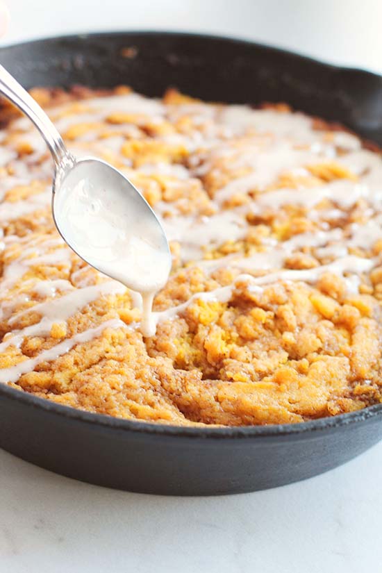 Pumpkin Cinnamon Roll Skillet Cake icing fountainof30