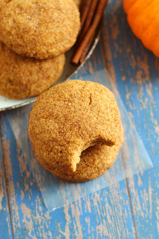 baked Brown Butter Pumpkin Cookies on blue background fountainof30