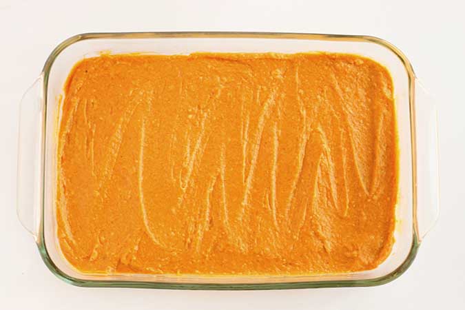 Pumpkin Bars Recipe batter in pan fountainof30