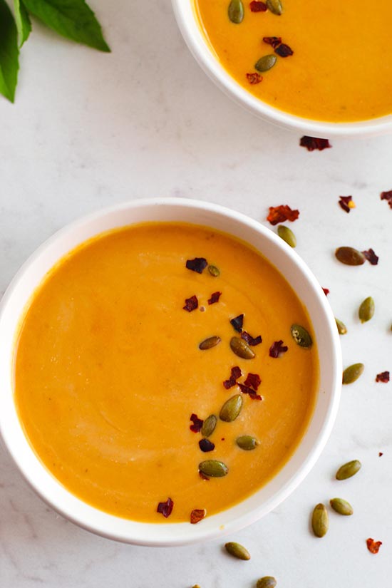 Pumpkin Soup with re4d pepper and salted pepitas