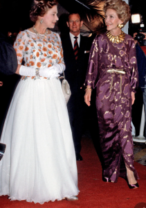 Queen Elizabeth formalk gown with Nancy Reagan in 1983