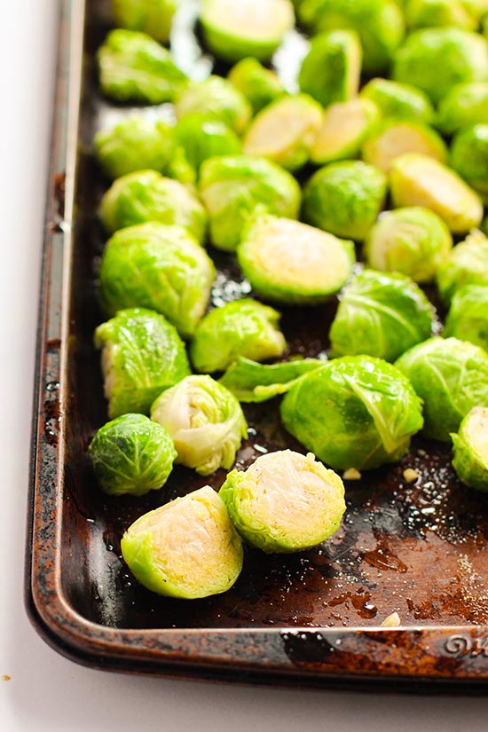 brussel sprouts on a baking sheet fountainof30