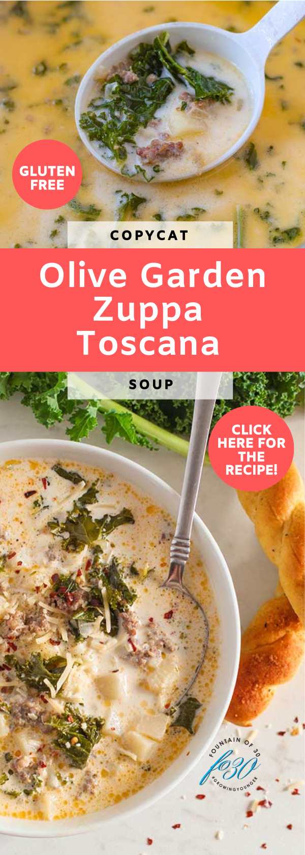 Copycat Olive Garden Zuppa Toscana soup is easy to make with spicy Italian sausage, fresh kale and russet potatoes in a creamy broth fountainof30