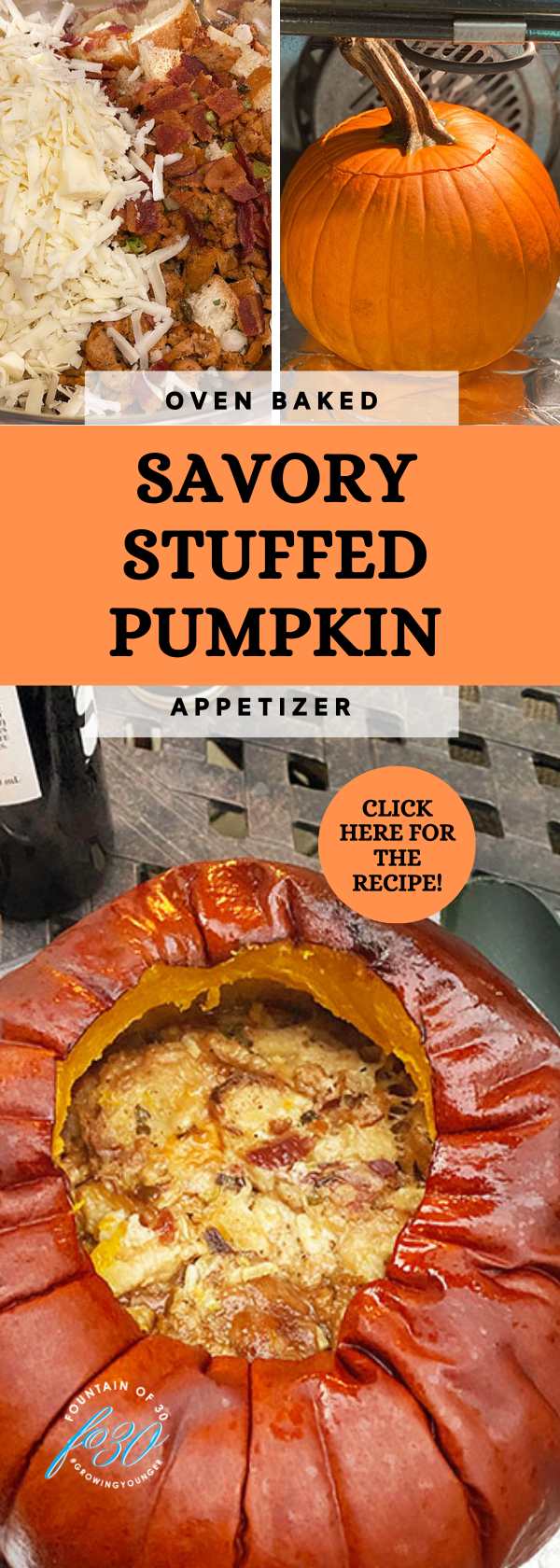 pumpkin stuffed and baked with cheese, garlic bacon bread and cream fountainof30