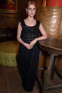 Lucy Boynton black lace midi dress fountainof30