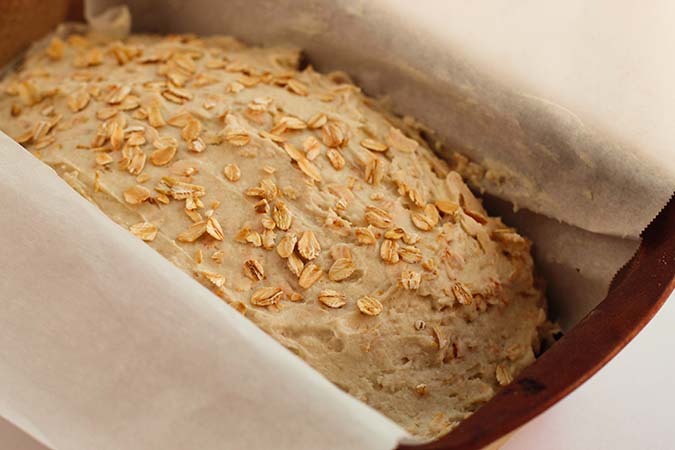 oat bread batter in loaf pan fountainof30