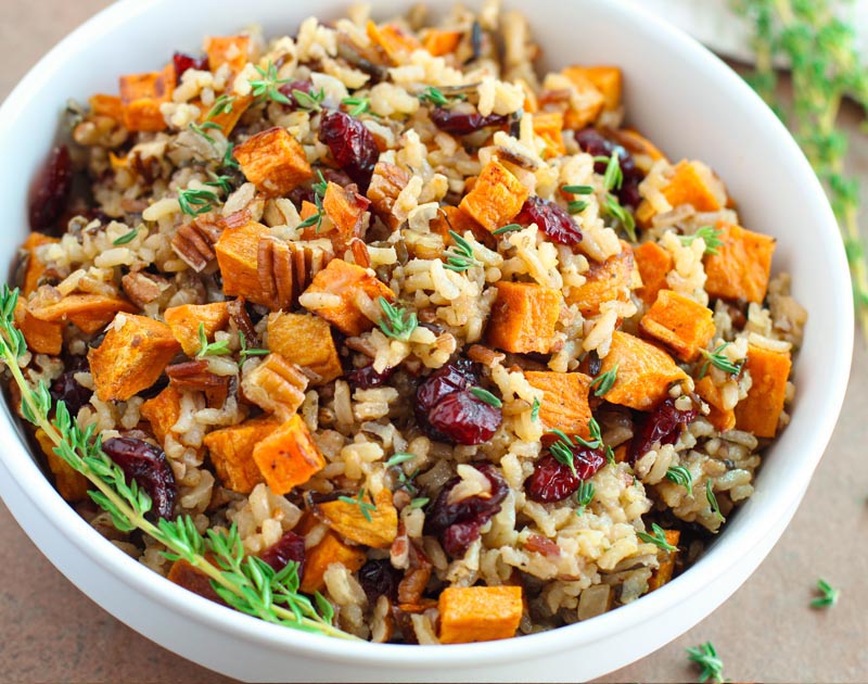 sweet potato cranberry wild rice in a bowl fountainof30