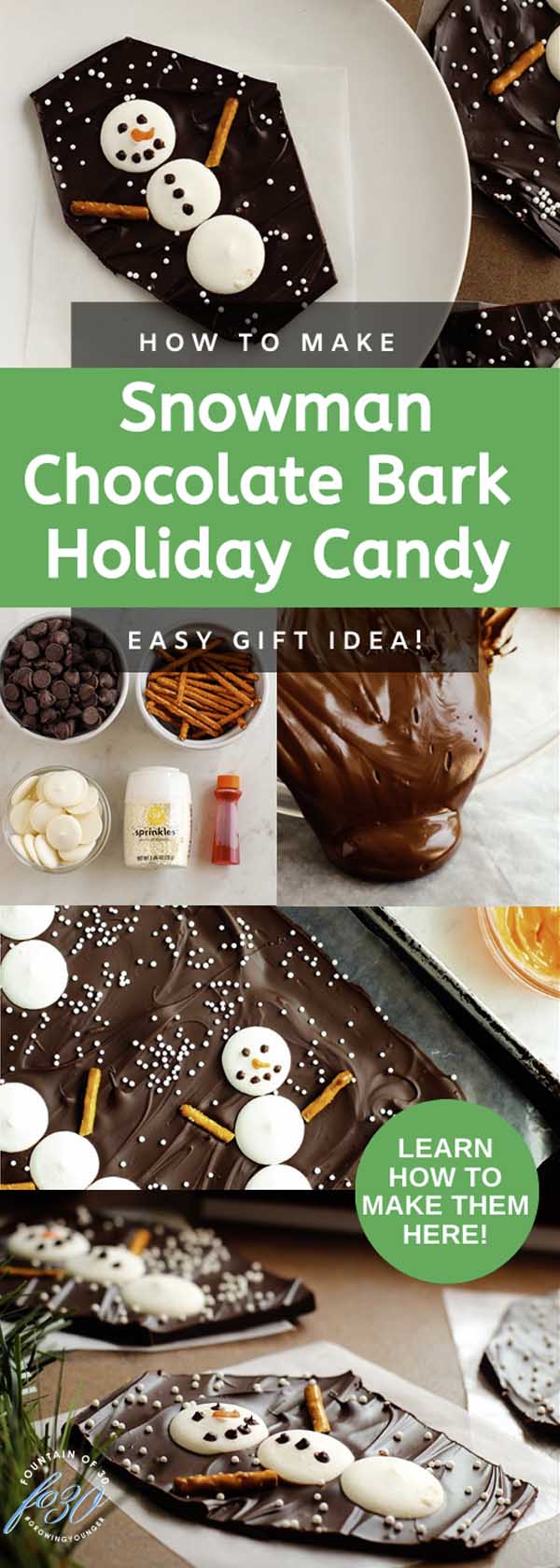 snowman chocolate bark holiday candy gift idea fountainof30