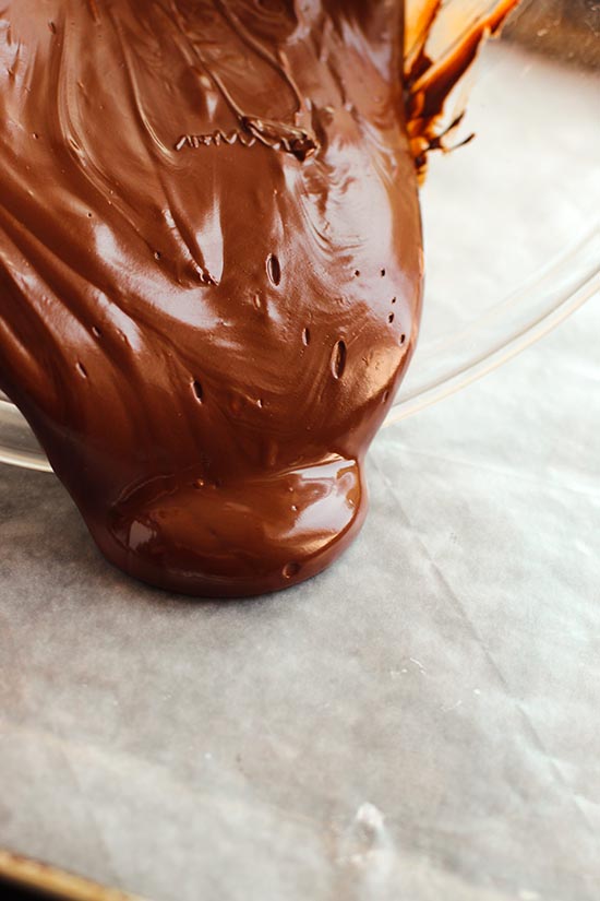 pour melted chocolate chips on parchment fountainof30