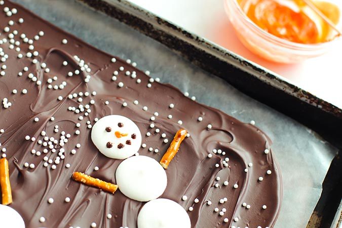 add carrot nose for snowman chocolate bark fountainof30