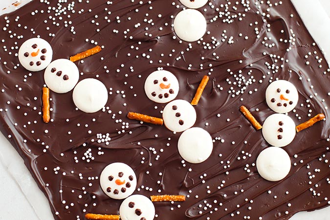 close up snowman chocolate bark holiday candy fountainof30
