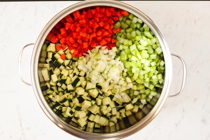 copycat Olive Garden Minestrone Soup vegetables in pot fountainof30