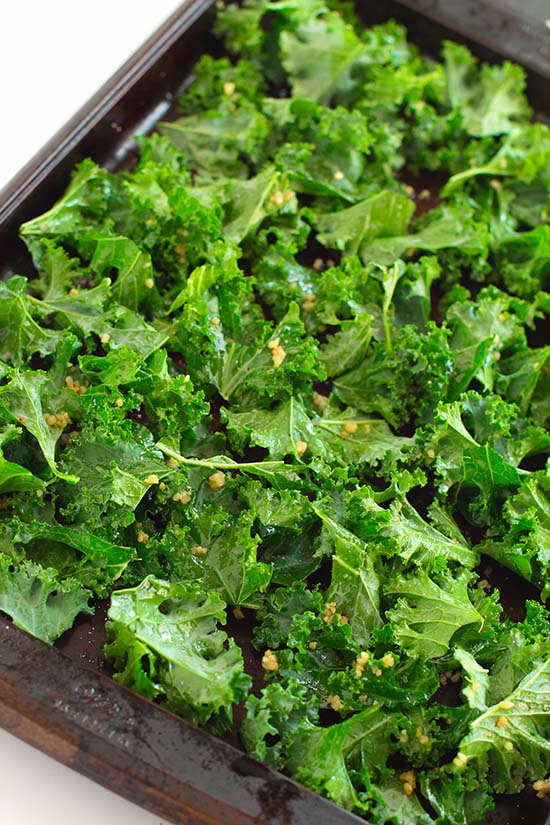 season kale chips on a cookie sheet fountainof30