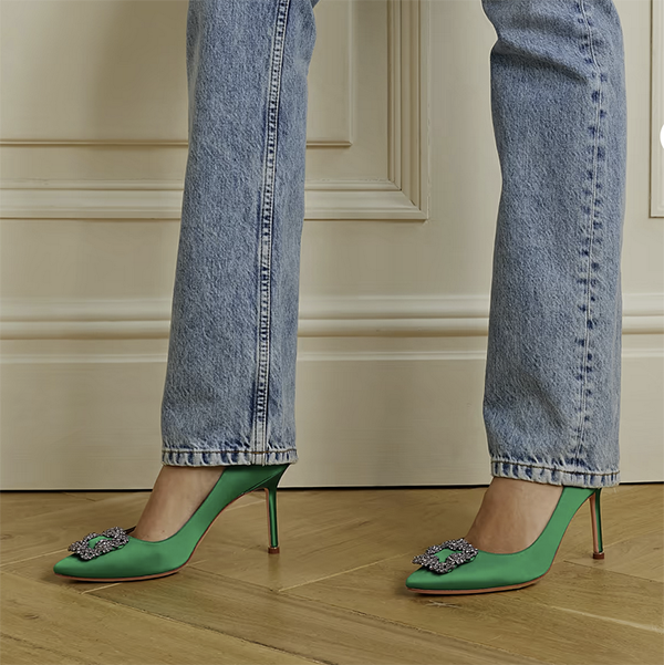 kelly green Manolo Blahnik satin pumps fountainof30