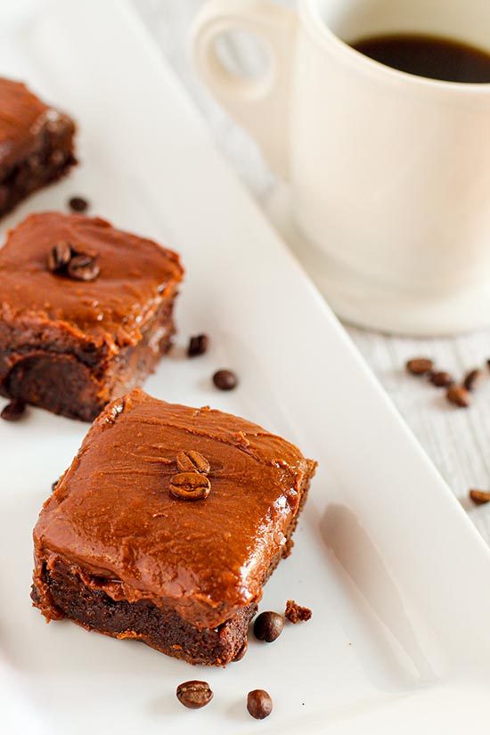 chocolate Brownies with coffee in cup fountainof3