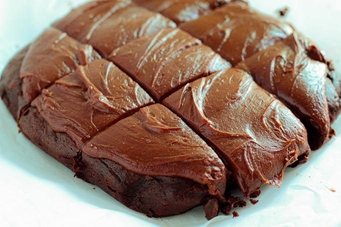 sliced frosted chocolate brownies fountainof30