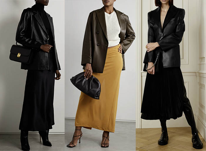 leather jackets with skirts Reformation, Vince and Givenchy