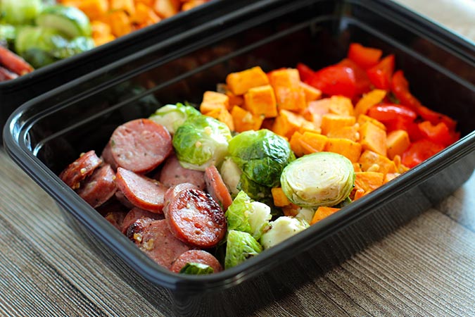 sausage and veggies meal prep in container fountainof30