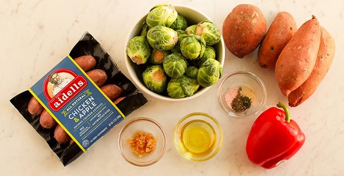 ingredients sausage and veggetables sheet pan meal fountainof30