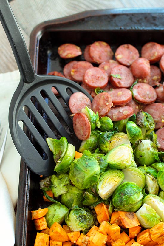 serving up sausage brussels sprouts sweet potatos meal fountainof30