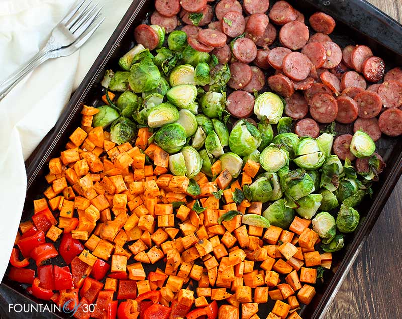 healthy sheet pan sausage and veggies fountainof30