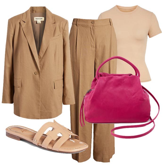 neutral blazer and pants suit with pop of pink bag fountainof30