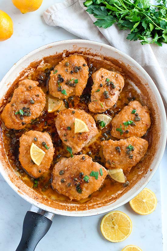 Chicken Piccata in a skillet fountainof30