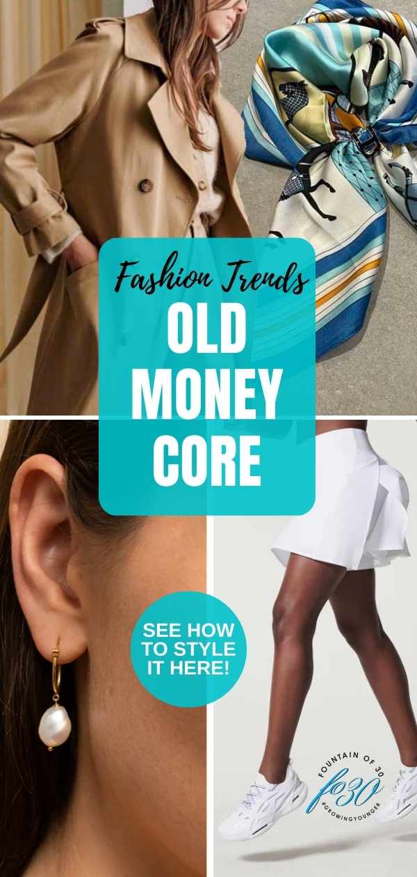 old money core fashion trend trench coat scarf tennis skirt pearls fountainof30