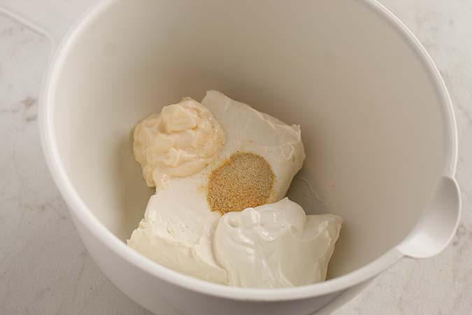 Mix cram cheese mayo sour cream and spices fountainof30