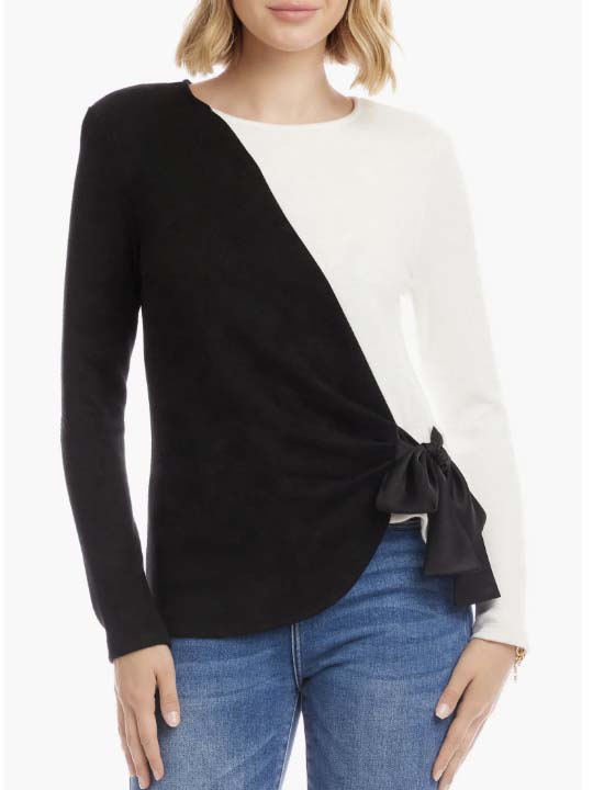 balcka nd white Colorblock Satin Bow Crossover Hem Knit Top