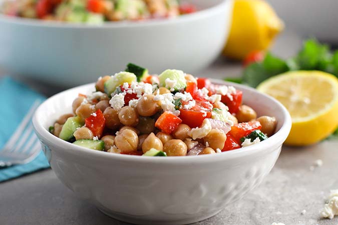 serving of Mediterranean Chickpea Salad with crumbled feta fountainof30