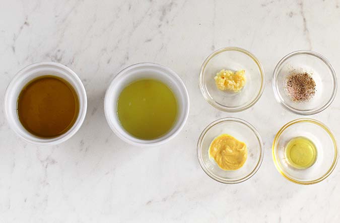 Lemon Vinaigrette Dressing 6 ingredients in bowls fountainof30