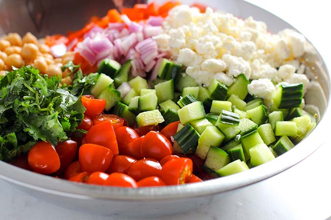 Mediterranean Chickpea Salad ready for dressing fountainof30