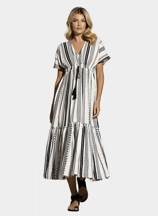 Jacquard Stripe print Short Sleeve Ruffle Maxi Dress fountainof30