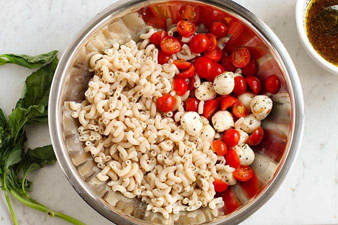 add elbow pasta to caprese salad fountainof30