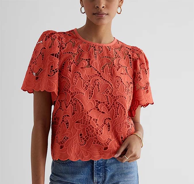 orange eyelet crochet textured top fountainof30