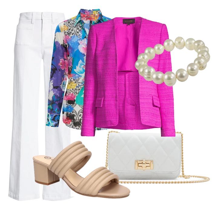 hot pink twee jacket with pearls and whit pants outfit fountainof30