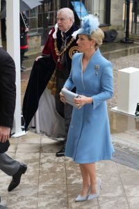 Zara Tindall in pastel blue suit by Laura Green