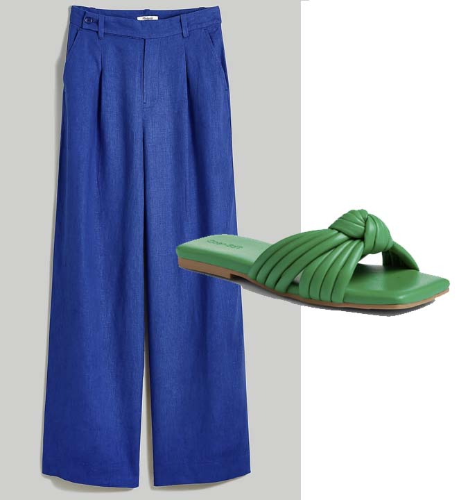 blue Wide-Leg Pants with green Knot Slide Sandal fountainof30