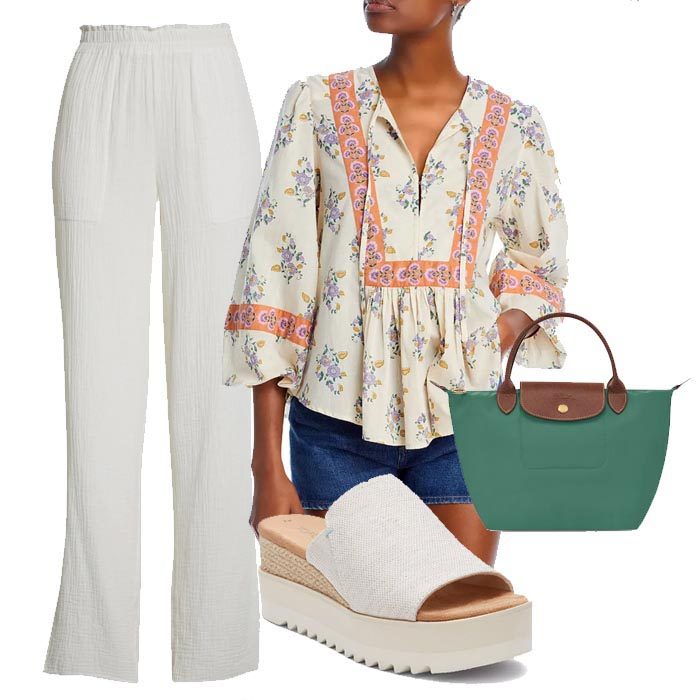 summer outfits for women over 50 white pants peasant top slide sandals fountainof30
