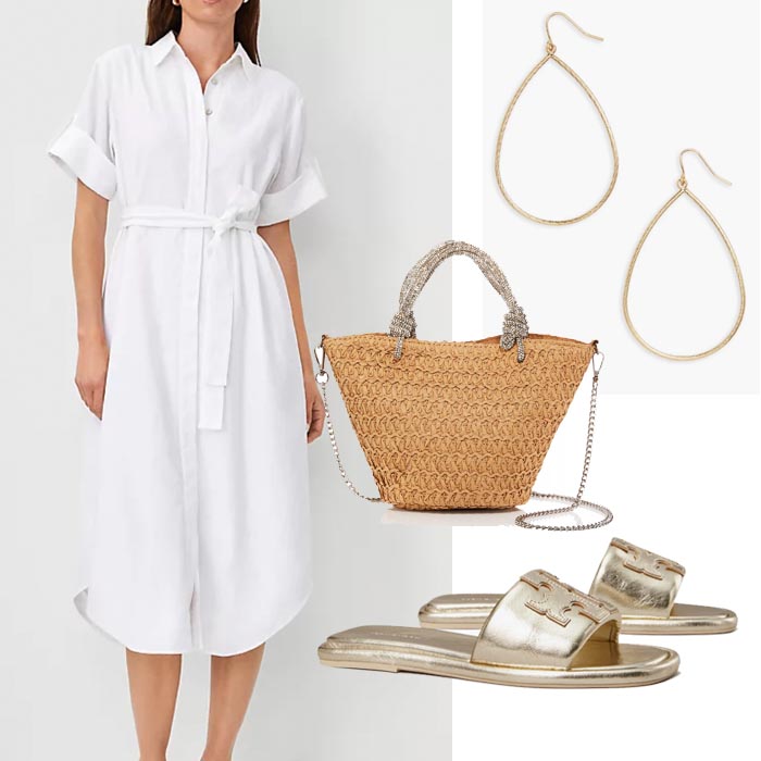 white dress summer oufit straw bag gold sllides hoop earrings fountainof30