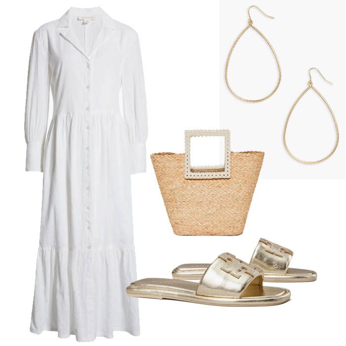 white dress summer oufit straw bag gold sllides hoop earrings fountainof30