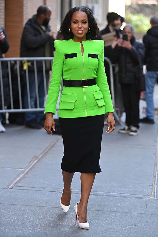 Kerry Washington Sergio Hudson black skirt neon green jacket