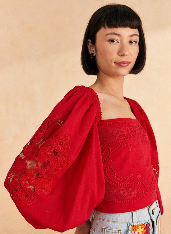 Farm Rio Red Lace Blouse ouff sleeves fountainof30