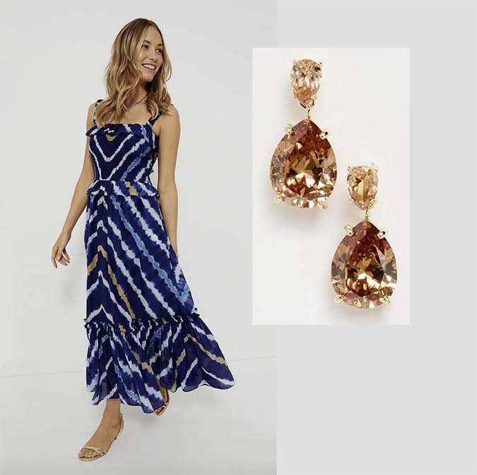 Navy and orange Tie Dye Brenda Dress with gold Earrings