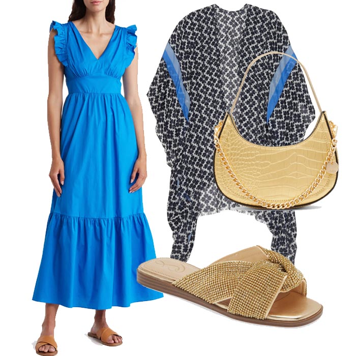 summer dress outfit ideas gold sandals handbag print ruana fountainof30
