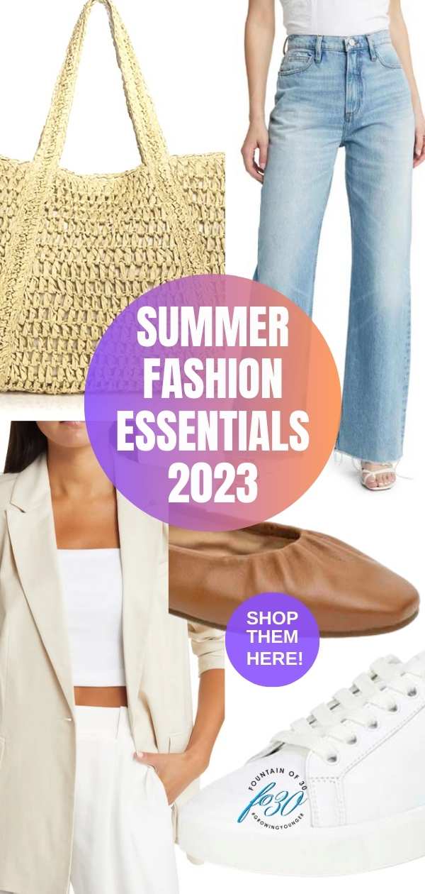 summer 2023 fashion essentials tote jeans jacket sneakers fountainof30