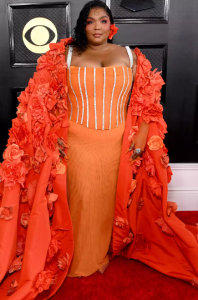 lizzo in ann orange gown on the red carpet fountainof30