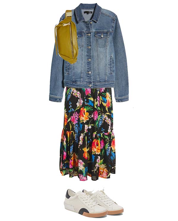 casual floral dress with denim jean jacket sneakers outfit fountainof30