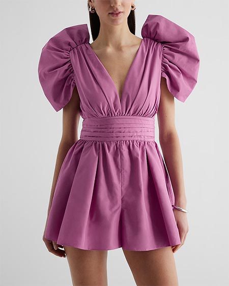 Express V-neck Puff Sleeve Pleated Romper 